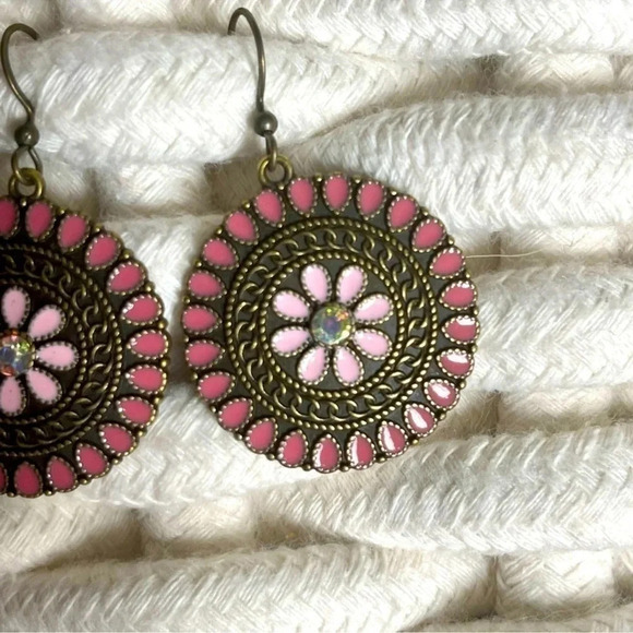 Pink & Bronze Flower Boho Earrings - Picture 2 of 4